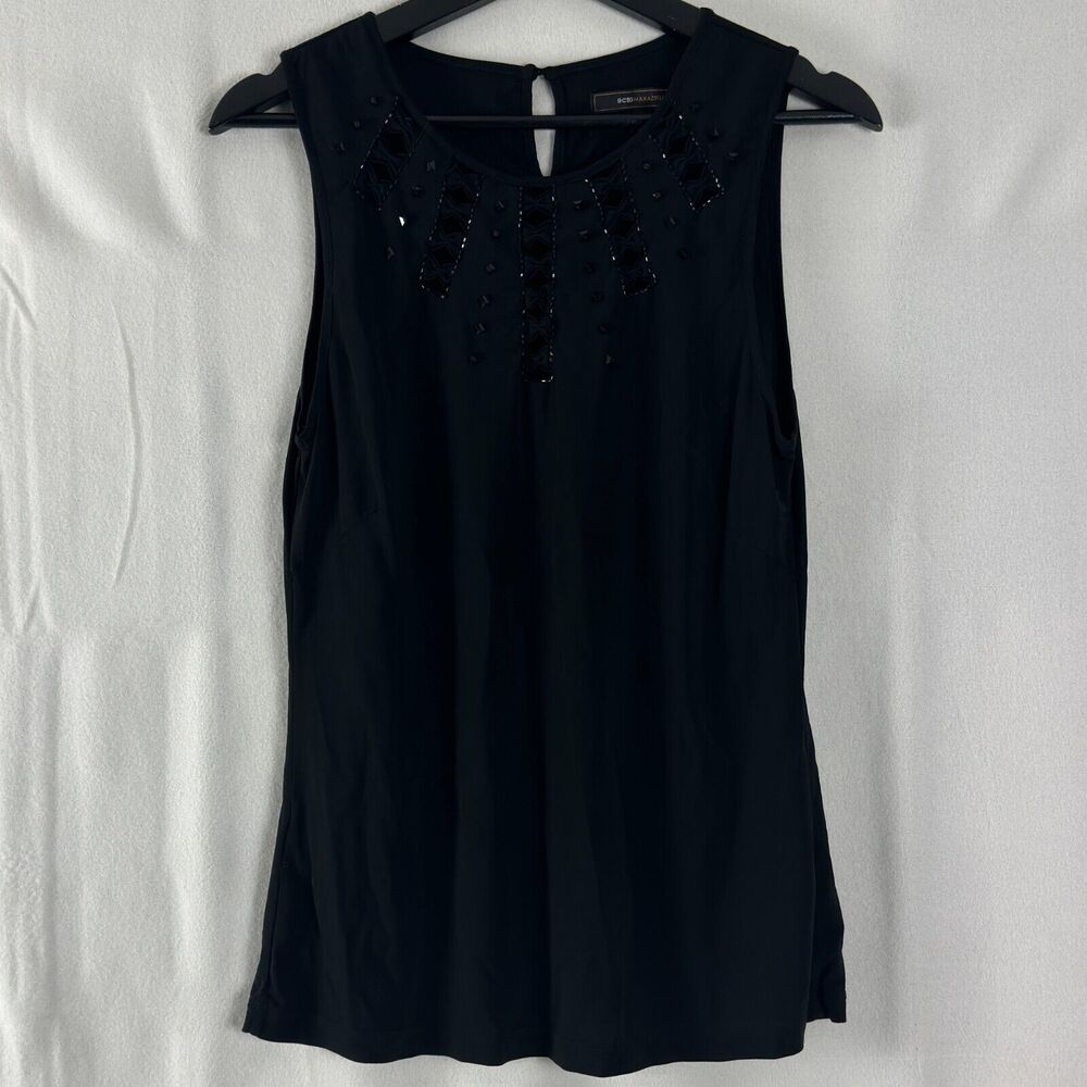 BCBG Maxazria Sz M Beaded Sleeveless Blouse Black Embellished Top w/ Cutouts